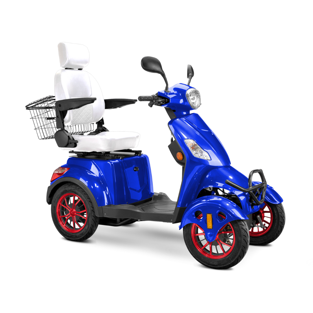 The Bespoke Prestige Recreational 4-Wheel Scooter features a blue finish, 600W motor, adjustable white seat, large rear basket, handlebars with mirrors, and red-accented wheels—ideal for convenient personal transportation.